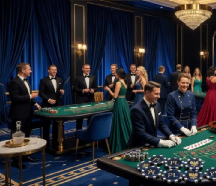 Wieczór kasynowy z eleganckimi stołami do ruletki i blackjacka oświetlonymi nastrojowym światłem