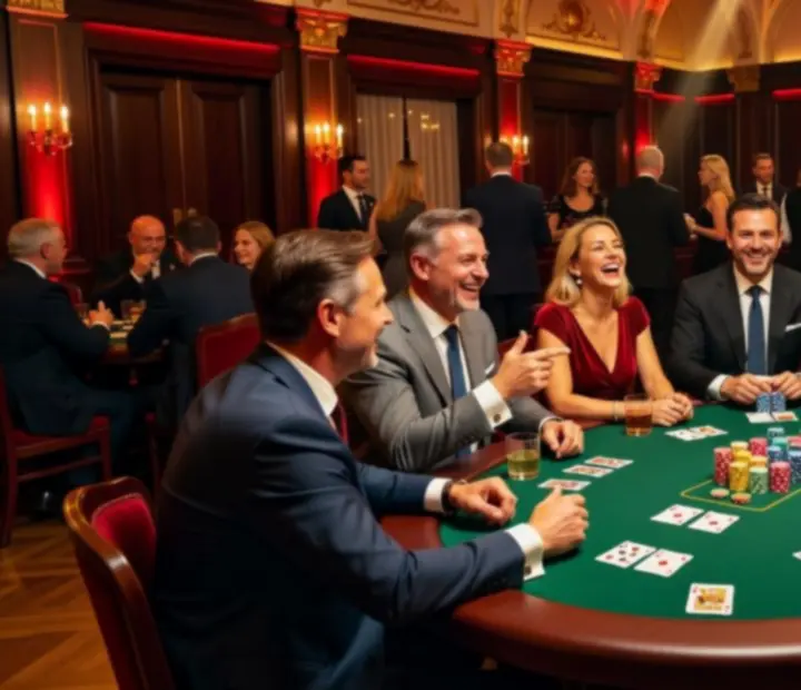 Poker Night Experience z profesjonalnym stołem pokerowym i gośćmi przy zielonym suknie
