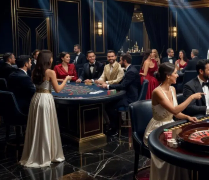 Elegancki nocny event z pokerem, ruletką i blackjackiem w kinowym oświetleniu
