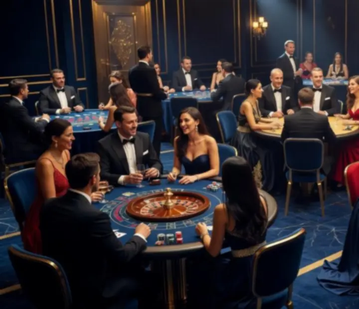 Elegancka sala kasynowa z ruletką i pokerem podczas wieczornego eventu