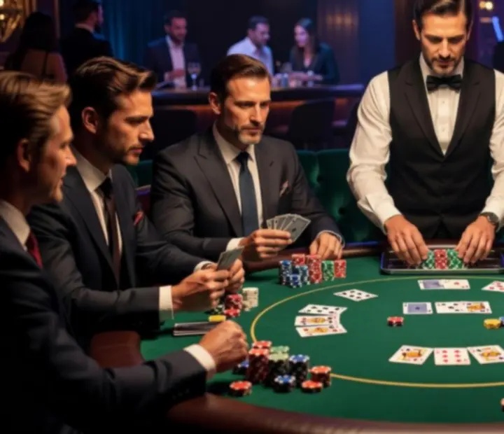Stół pokerowy z talią kart, żetonami i uczestnikami wieczoru.