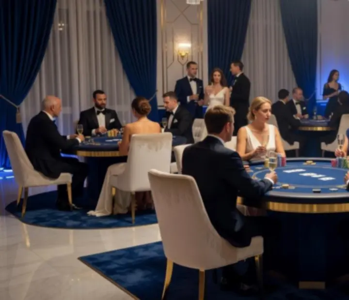Elegancki pokój pokerowy z oświetlonym stołem i żetonami