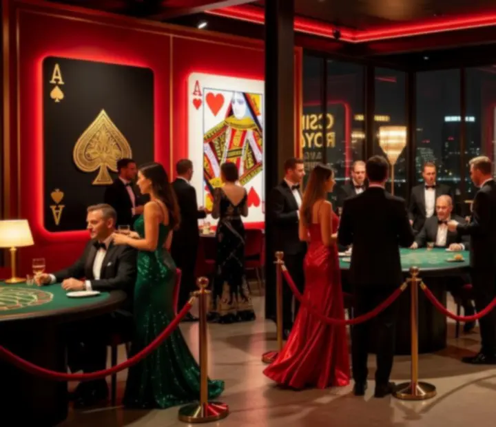 Tematyczna noc kasynowa z elegancką scenografią i uczestnikami przy stołach
