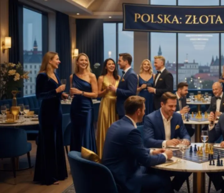 Elegancki wieczór tematyczny z nastrojowym oświetleniem i stołami do gier.